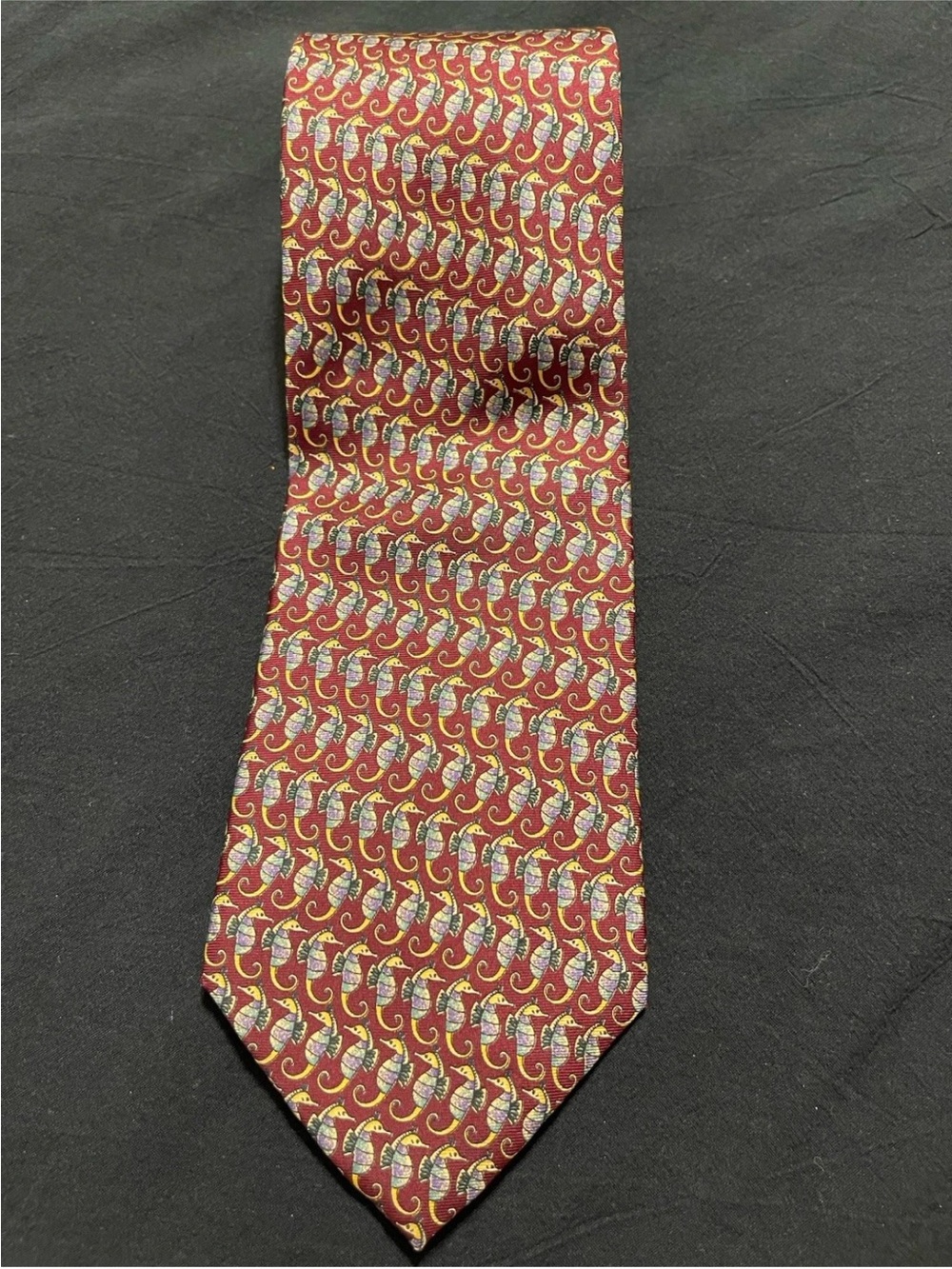 Christian Dior Monsieur Vintage Red Tie Colorful Seahorse Pattern 100% Silk